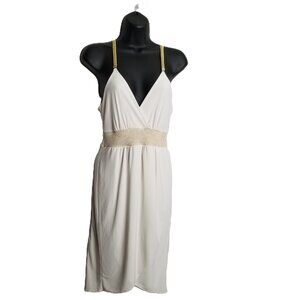 Guess Dress Sz M White Ivory Gold Glitter Straps Belted Wrap Mini Cocktail Party